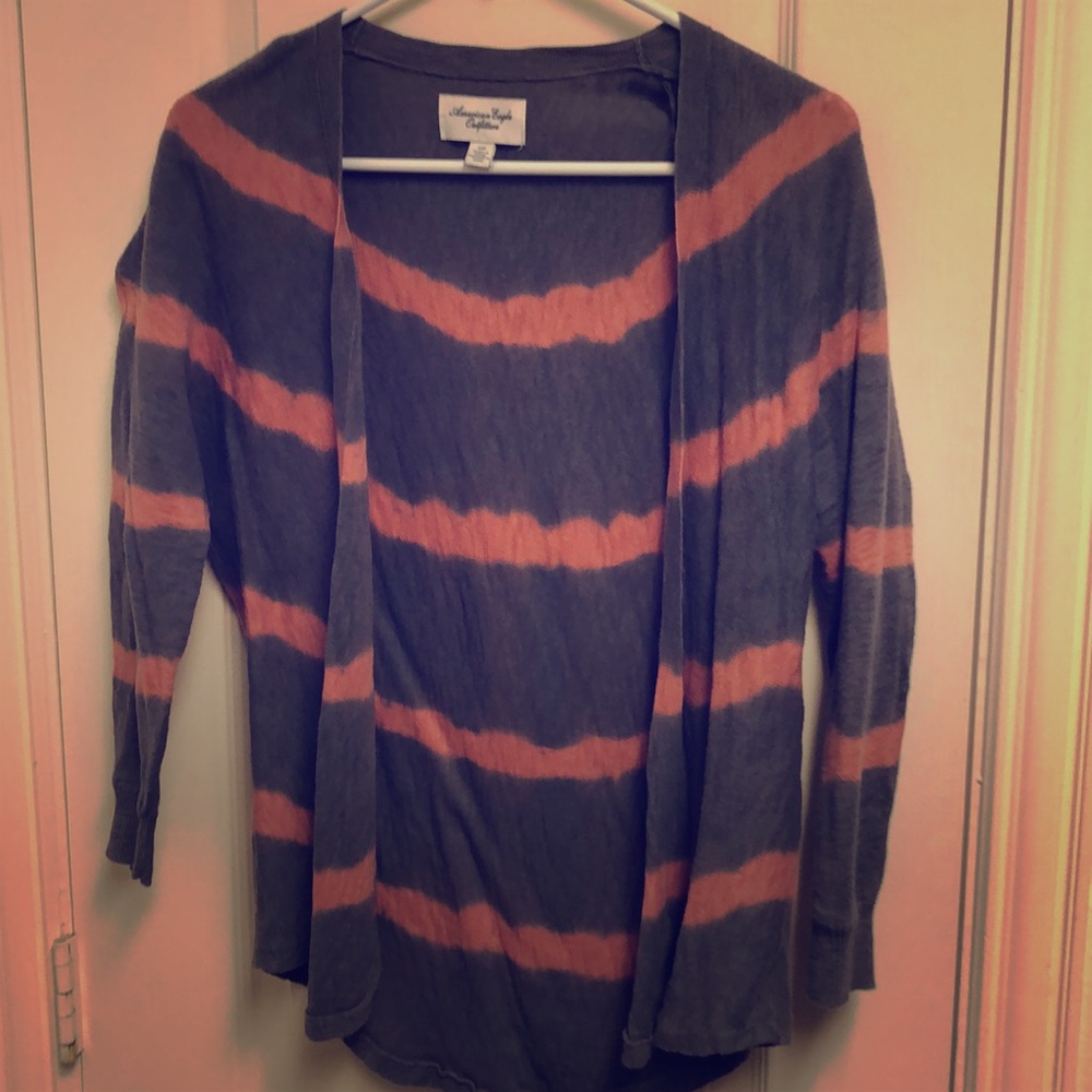 American Eagle orange and grey cardigan.